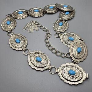 Women's Belt Faux Turquoise & Silver Tone Linked NA Thunderbird Southwestern